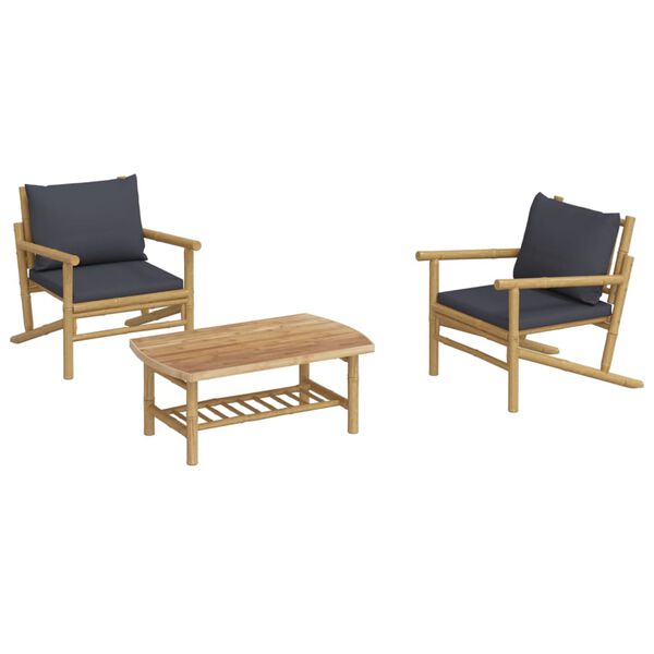 vidaXL 3 Piece Garden Lounge Set with Dark Grey Cushions Bamboo