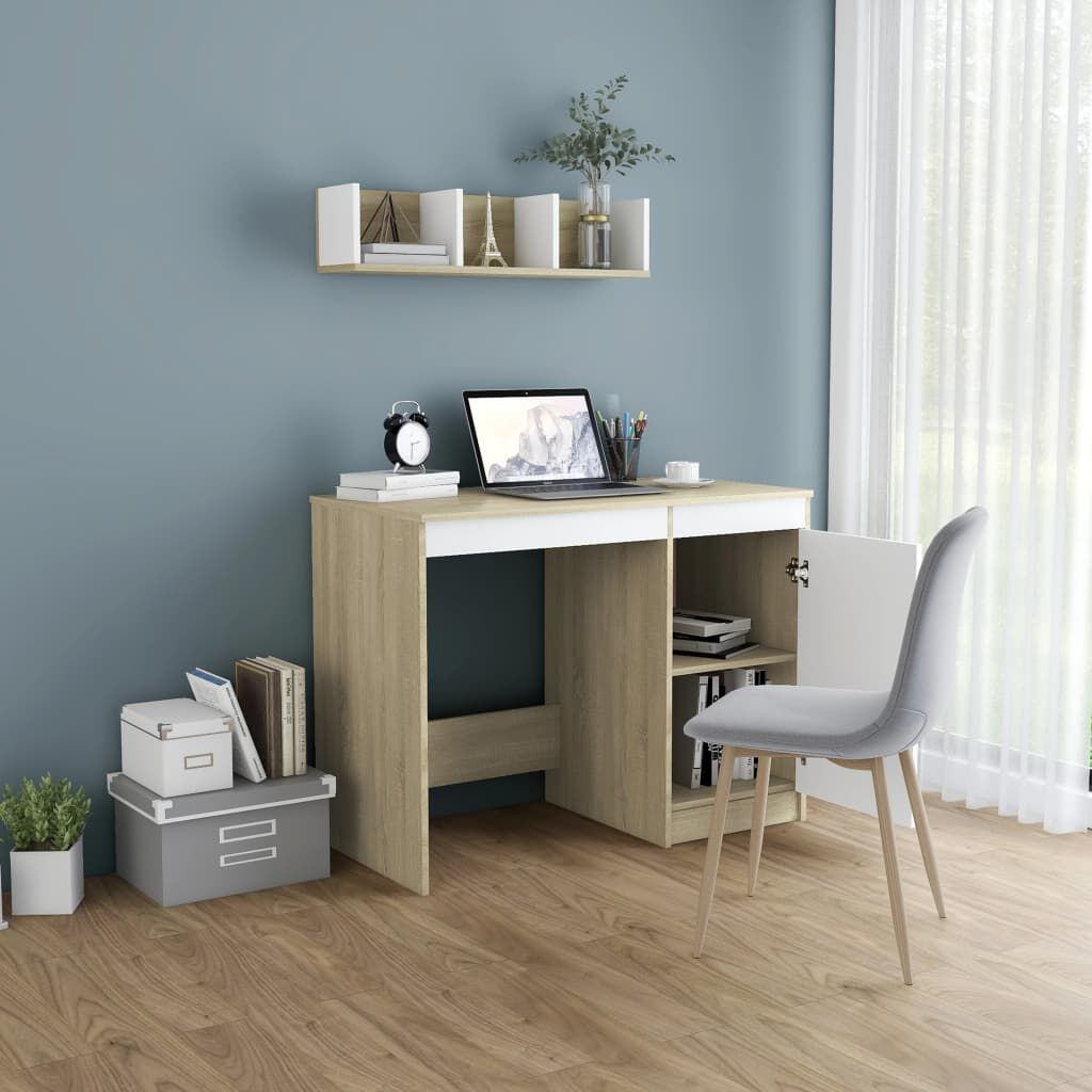 vidaXL Desk White and Sonoma Oak 100x50x76 cm Engineered Wood