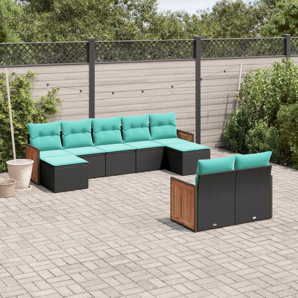 vidaXL 9 Piece Garden Sofa Set with Cushions Black Poly Rattan