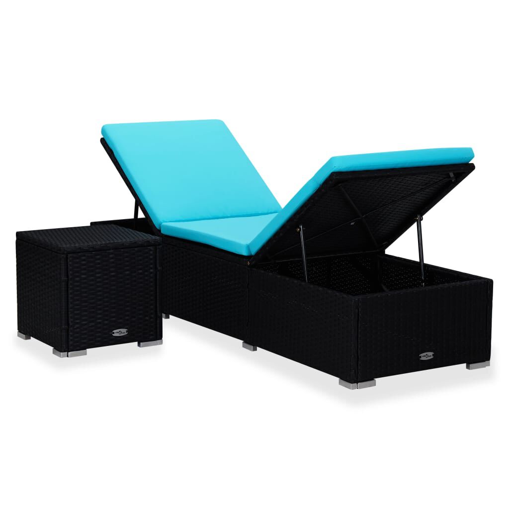 vidaXL Sun Lounger with Cushion and Tea Table Poly Rattan Blue