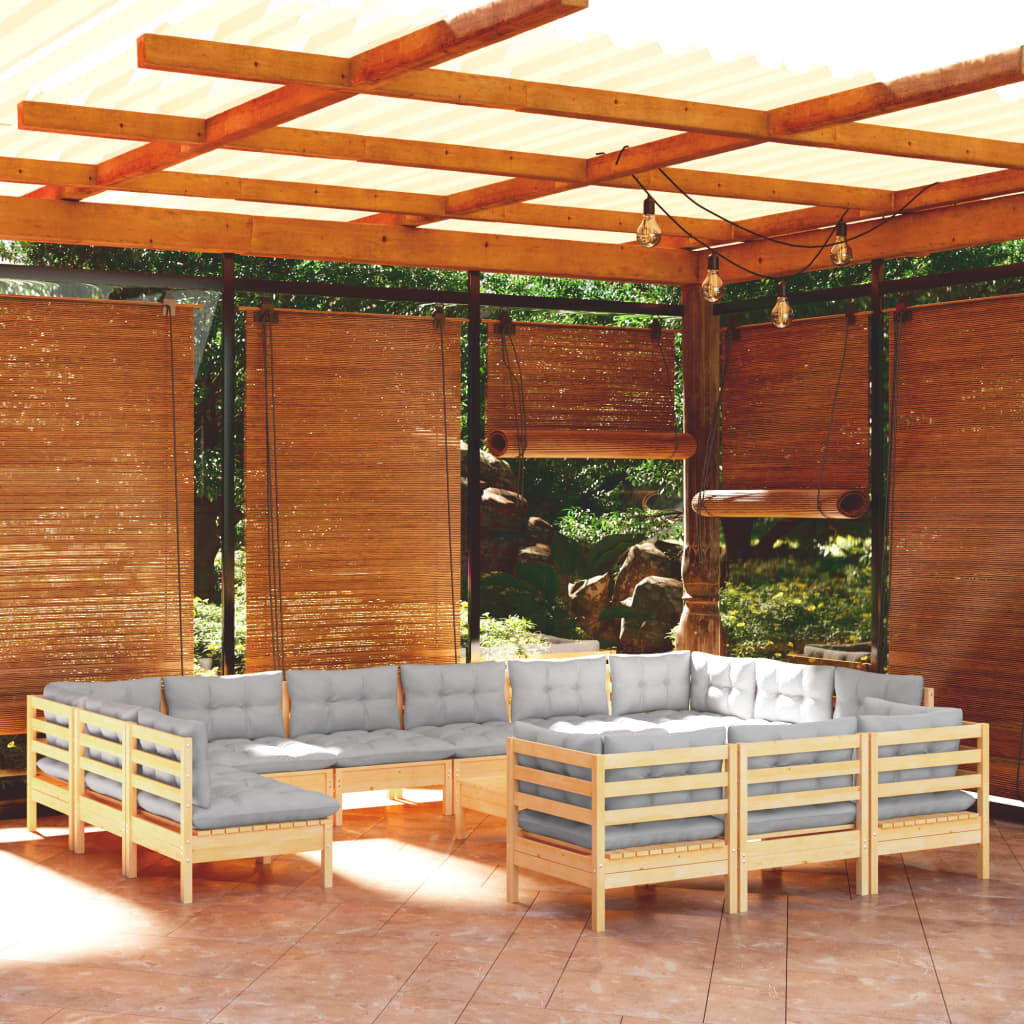vidaXL 14 Piece Garden Lounge Set with Grey Cushions Pinewood