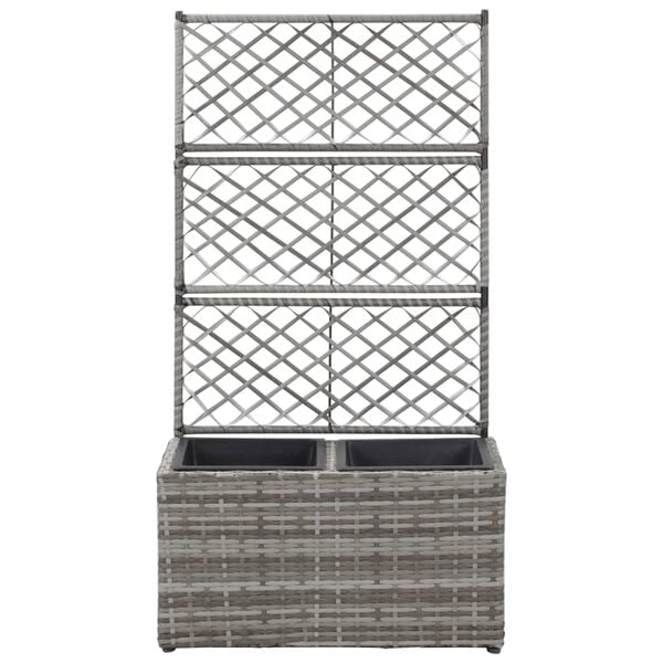 vidaXL Trellis Raised Bed with 2 Pots 58x30x107 cm Poly Rattan Grey