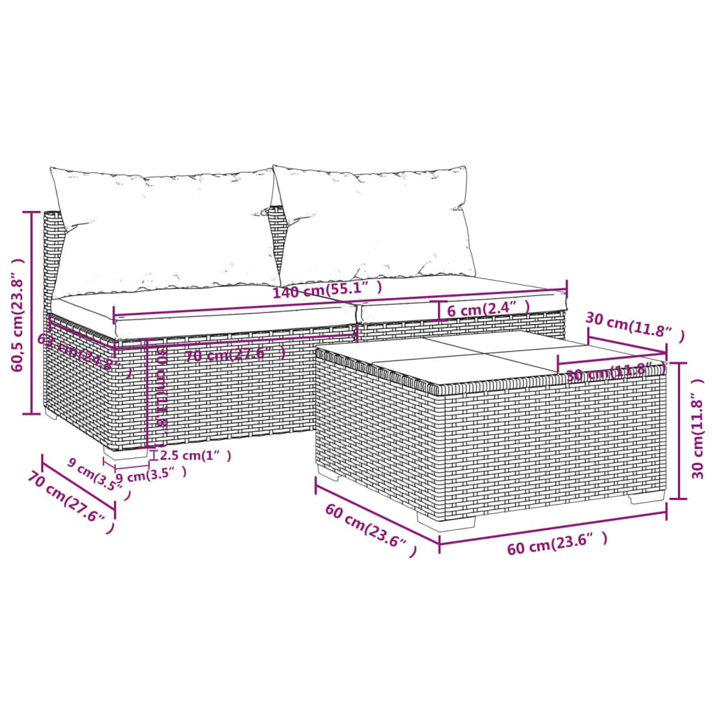 vidaXL 3 Piece Garden Lounge Set with Cushions Poly Rattan Brown