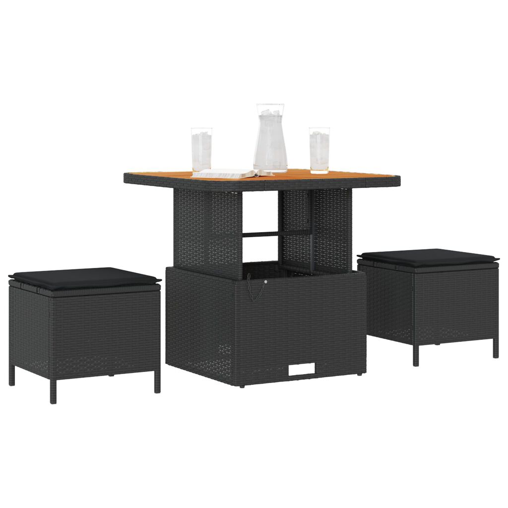 vidaXL 3 Piece Garden Dining Set with Cushions Black Poly Rattan Acacia