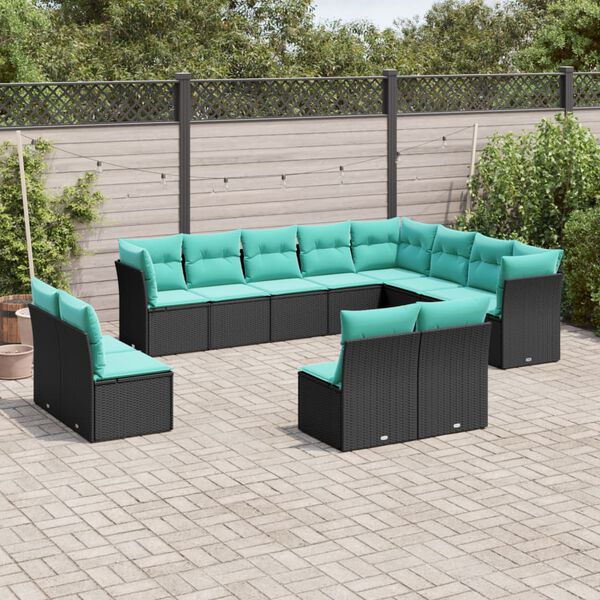 vidaXL 12 Piece Garden Sofa Set with Cushions Black Poly Rattan