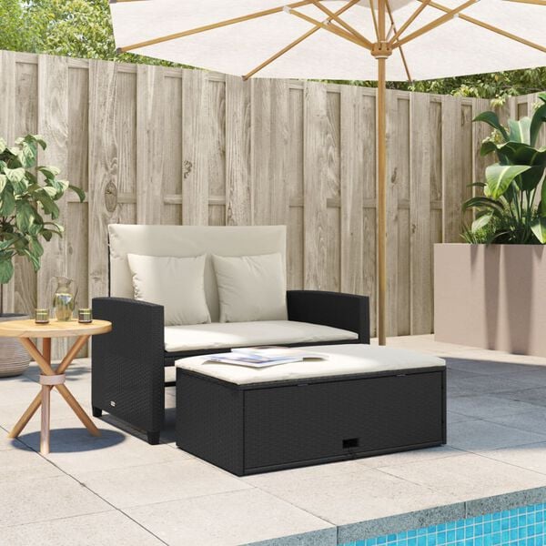 vidaXL Garden Sofa with Cushions 2-Seater Black Poly Rattan