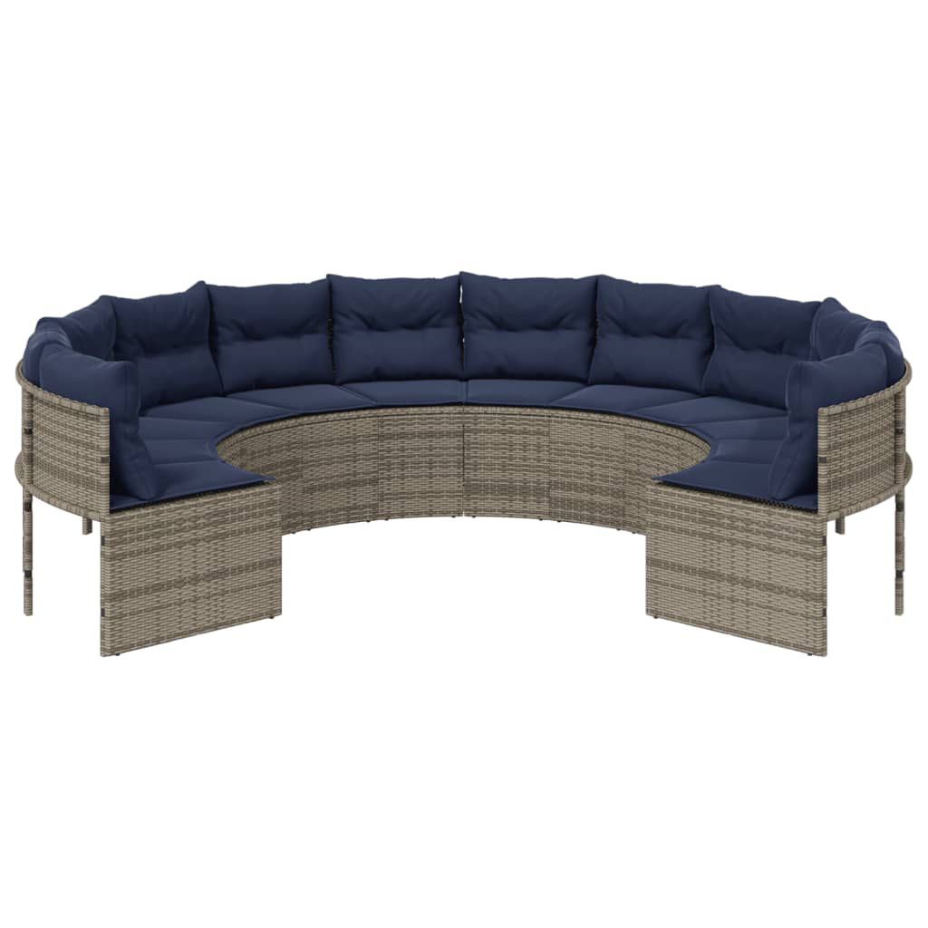vidaXL Garden Sofa with Cushions Round Grey Poly Rattan