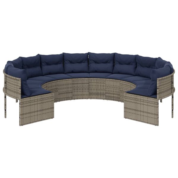 vidaXL Garden Sofa with Cushions Round Grey Poly Rattan