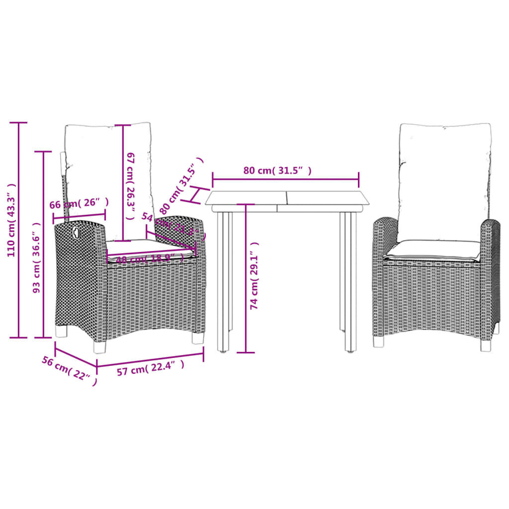 vidaXL 3 Piece Garden Dining Set with Cushions Beige Poly Rattan