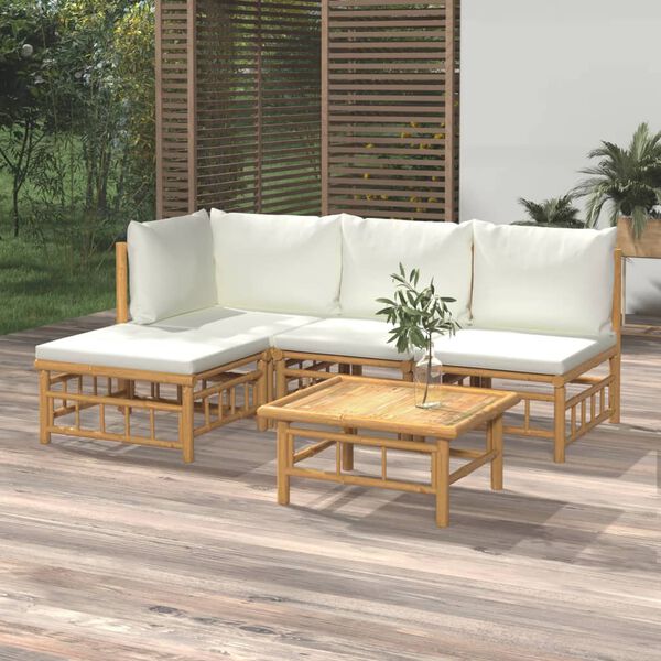 vidaXL 5 Piece Garden Lounge Set with Cream White Cushions Bamboo