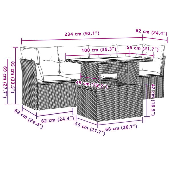 vidaXL 5 Piece Garden Sofa Set with Cushions Grey Poly Rattan