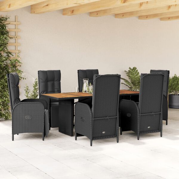 vidaXL 7 Piece Garden Dining Set with Cushions Black Poly Rattan