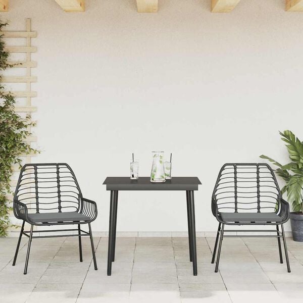 vidaXL 3 Piece Garden Dining Set with Cushions Black Poly Rattan Glass