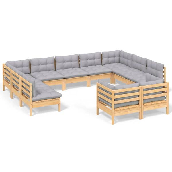 vidaXL 11 Piece Garden Lounge Set with Grey Cushions Solid Pinewood