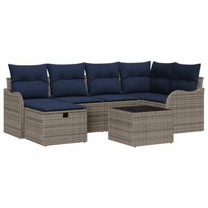 vidaXL Garden Sofa Set with Cushion 7 pcs Grey and Navy Poly Rattan