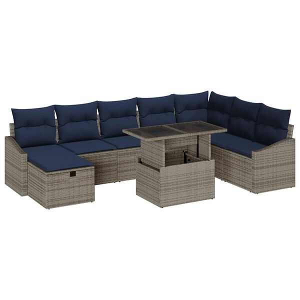 vidaXL Garden Sofa Set with Cushion 9 pcs Grey Poly rattan