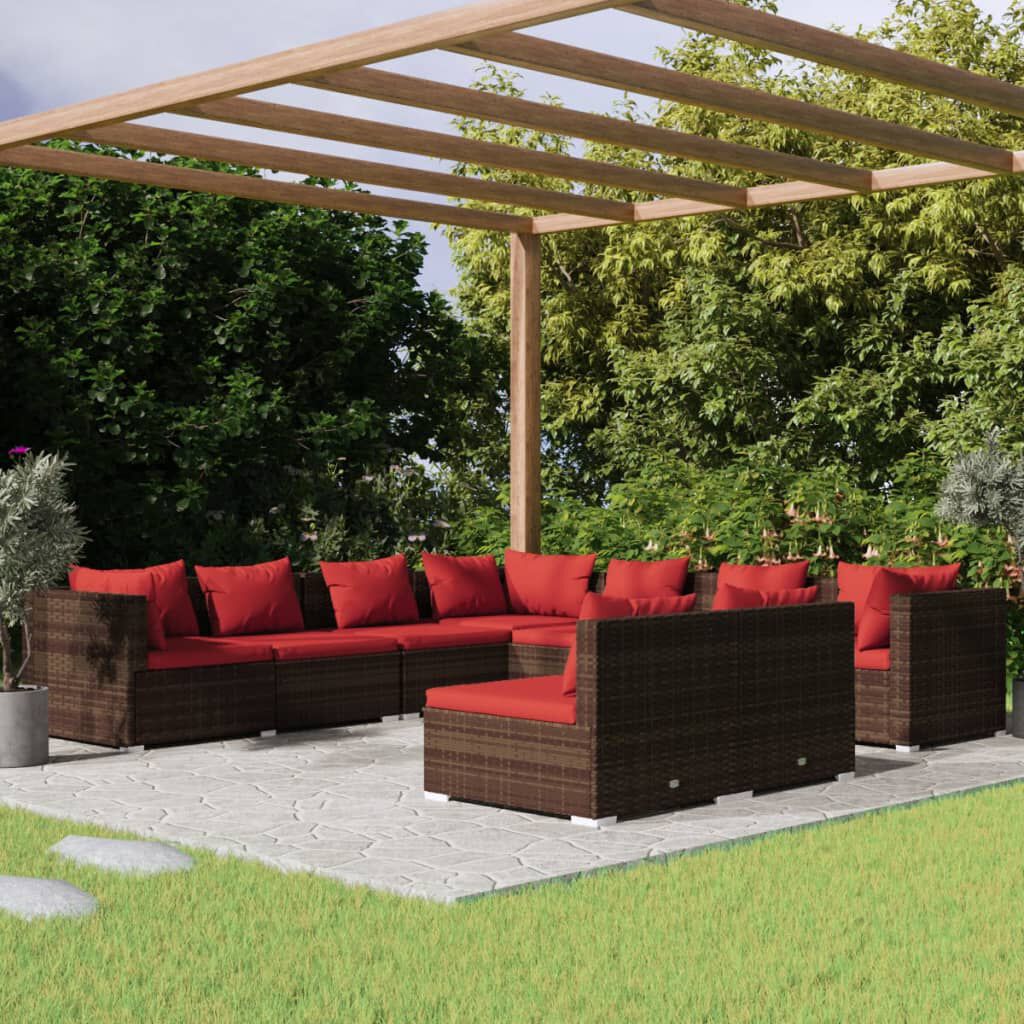 vidaXL 9 Piece Garden Lounge Set with Cushions Brown Poly Rattan