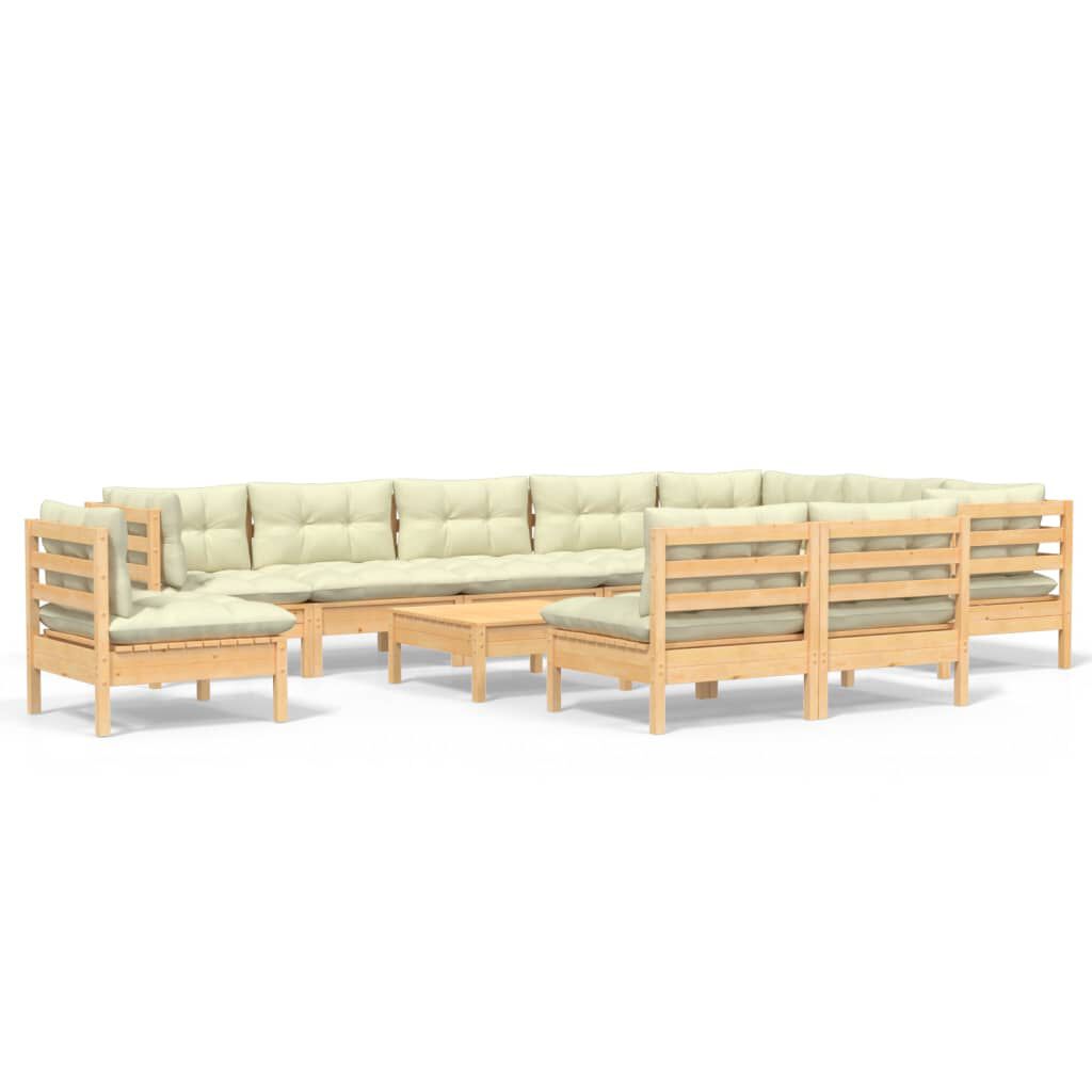 vidaXL 11 Piece Garden Lounge Set with Cream Cushions Solid Pinewood