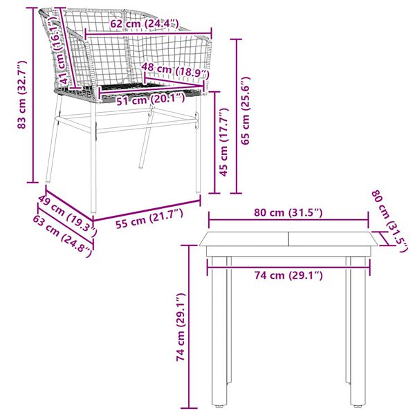 vidaXL 3 Piece Garden Dining Set Brown Poly Rattan Glass