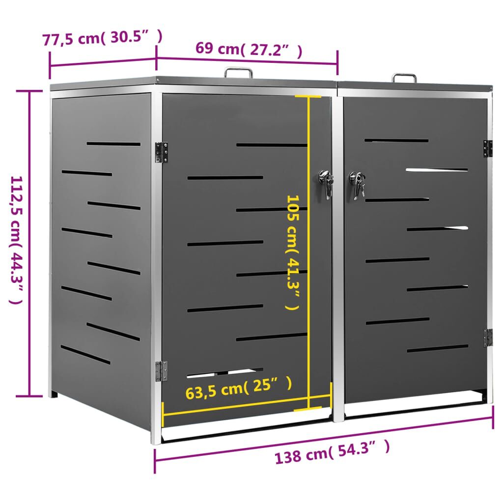 vidaXL Double Wheelie Bin Shed 138x77.5x112.5 cm Stainless Steel