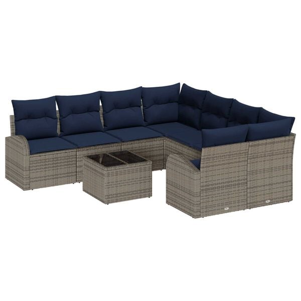 vidaXL 9 Piece Garden Sofa Set with Cushions Grey Poly Rattan