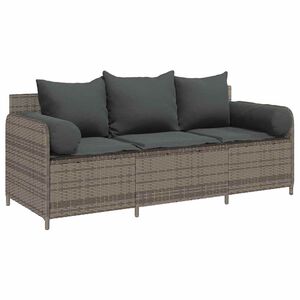 vidaXL Garden Sofa with Cushions 3-Seater Grey Poly Rattan