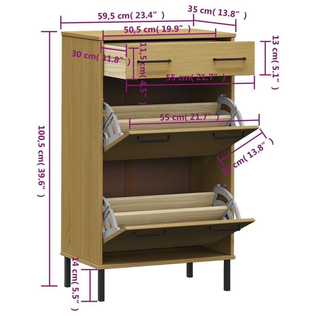 vidaXL Shoe Rack with Metal Legs Brown Solid Wood Pine OSLO