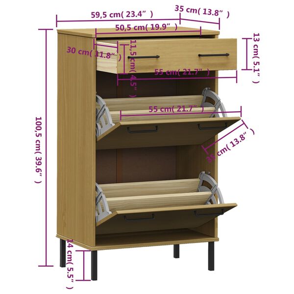 vidaXL Shoe Rack with Metal Legs Brown Solid Wood Pine OSLO