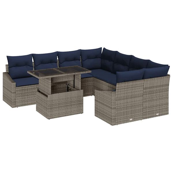 vidaXL Garden Sofa Set 9 pcs Grey and Navy Blue Poly Rattan