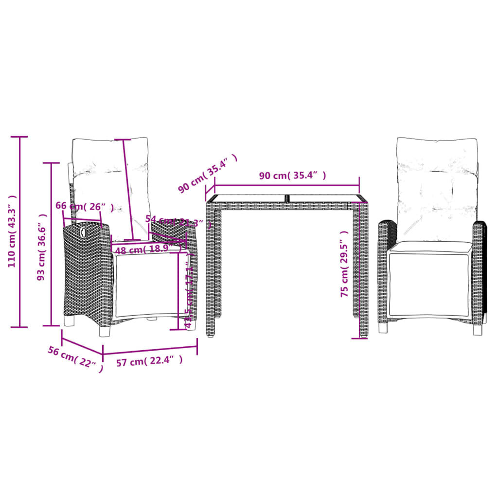 vidaXL 3 Piece Garden Dining Set with Cushions Grey Poly Rattan