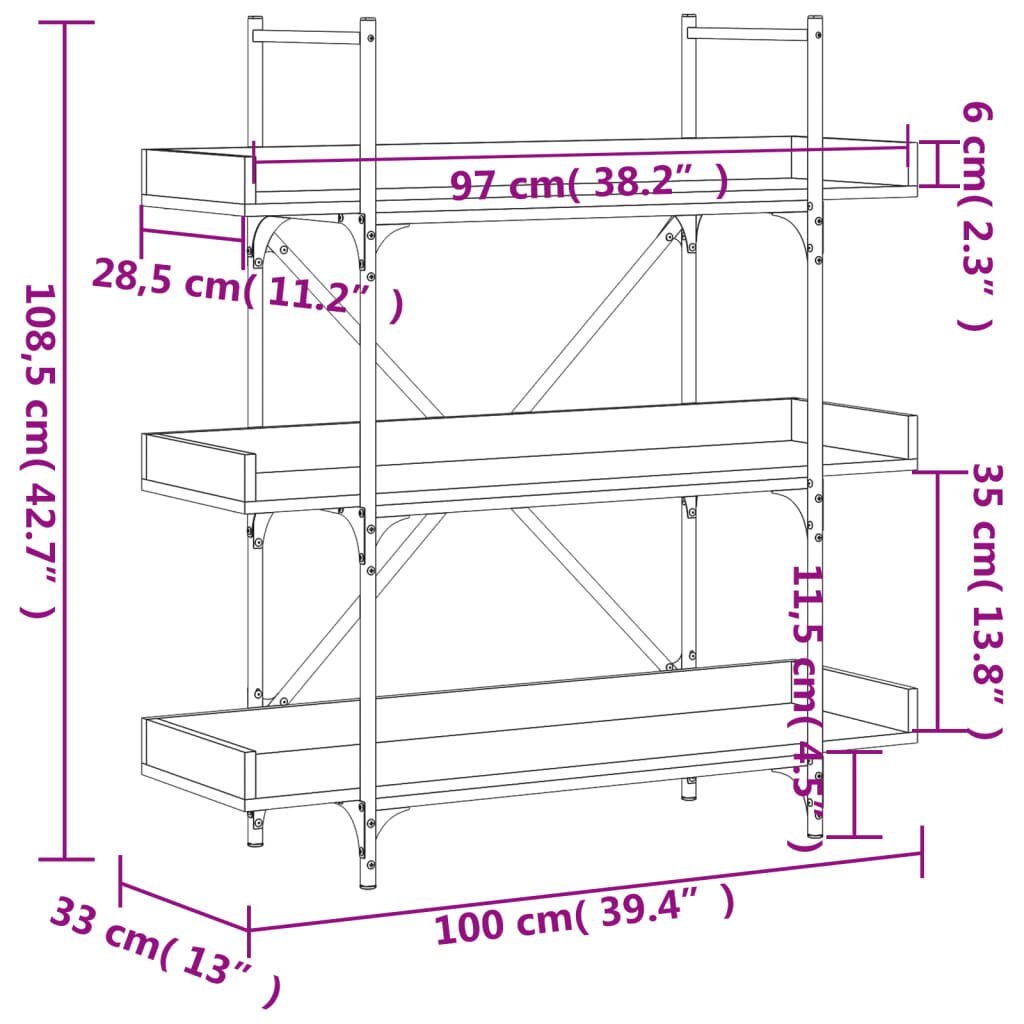vidaXL Bookcase 3-Tier Smoked Oak 100x33x108.5 cm Engineered Wood