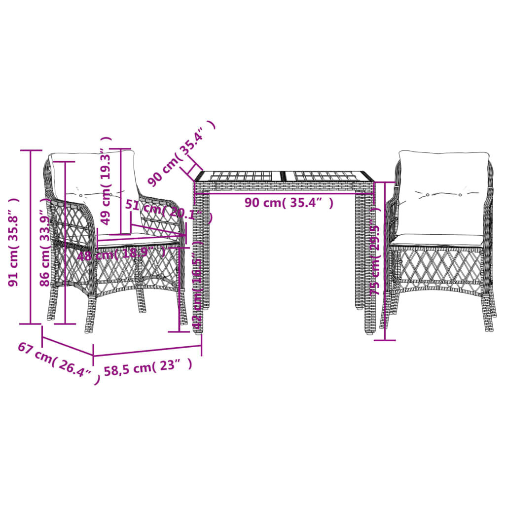 vidaXL 3 Piece Bistro Set with Cushions Grey Poly Rattan