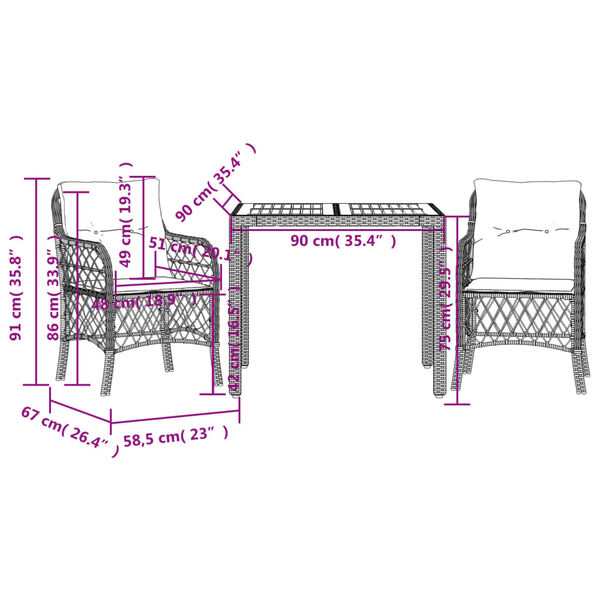 vidaXL 3 Piece Bistro Set with Cushions Grey Poly Rattan