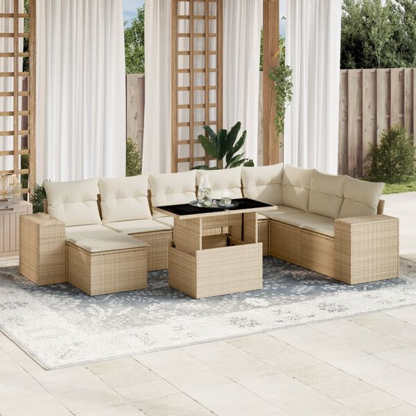 vidaXL 9 Piece Garden Sofa Set with Cushions Beige Poly Rattan