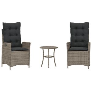 vidaXL 3 Piece Bistro Set with Cushions Grey Poly Rattan