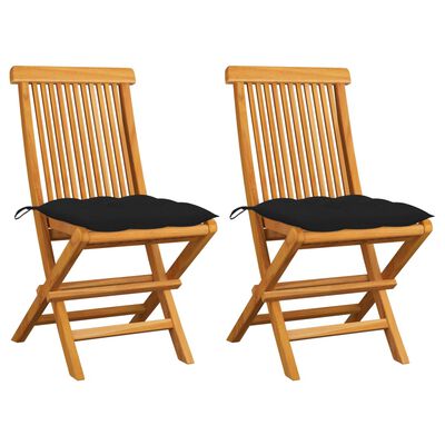 vidaXL Garden Chairs with Black Cushions 2 pcs Solid Teak Wood