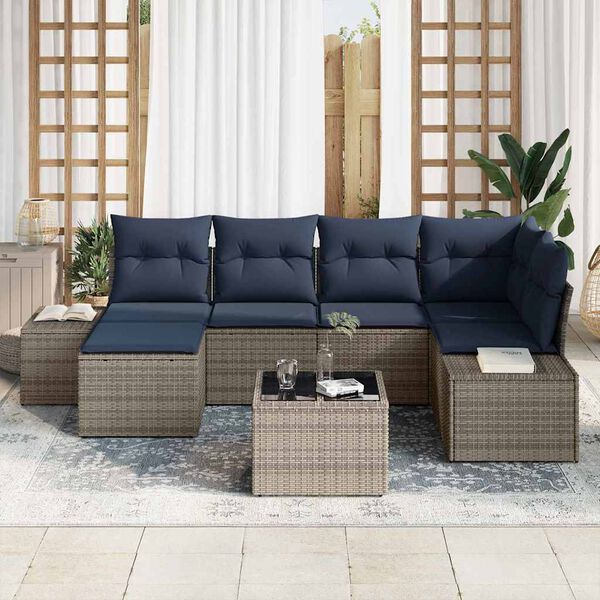 vidaXL Garden Sofa Set with Cushion 7 pcs Grey Poly Rattan