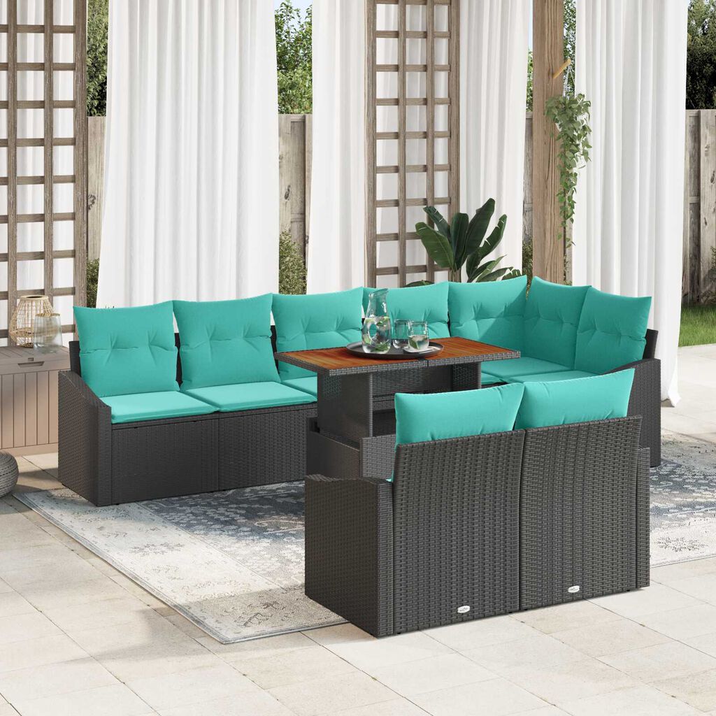 vidaXL 9 Piece Garden Sofa Set with Cushions Black Poly Rattan Acacia