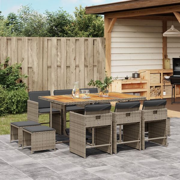 vidaXL 11 Piece Garden Dining Set with Cushions Grey Poly Rattan