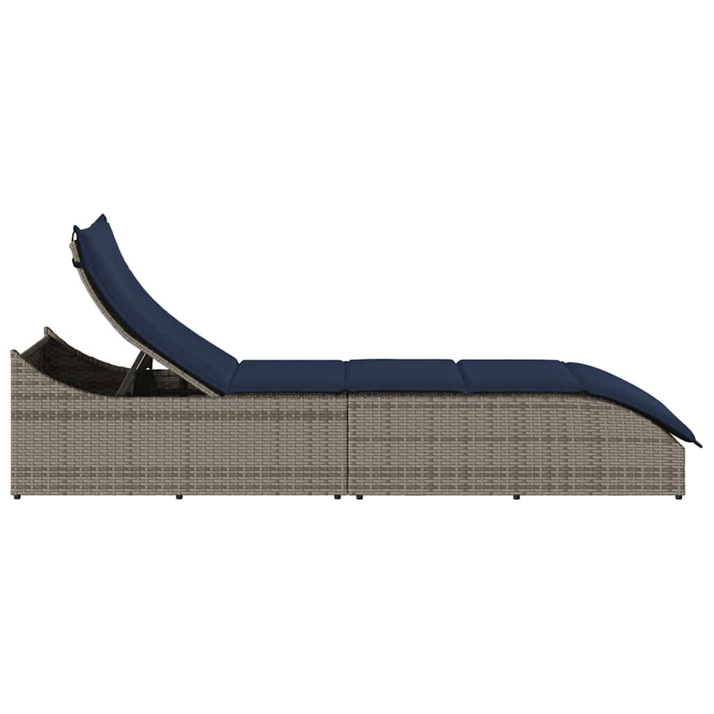 vidaXL Folding Sun Lounger with Cushion and Storage Grey Poly Rattan