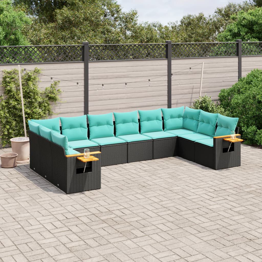 vidaXL 10 Piece Garden Sofa Set with Cushions Black Poly Rattan
