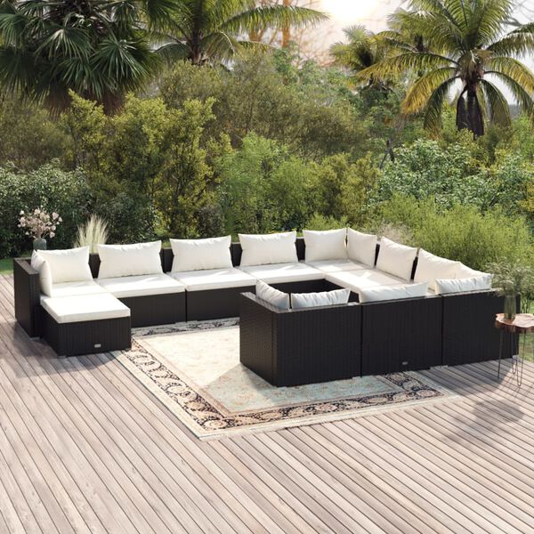 vidaXL 11 Piece Garden Lounge Set with Cushions Poly Rattan Black