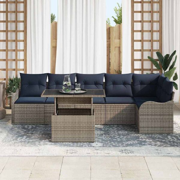 vidaXL Garden Sofa Set with Cushion 7 pcs Grey Poly Rattan
