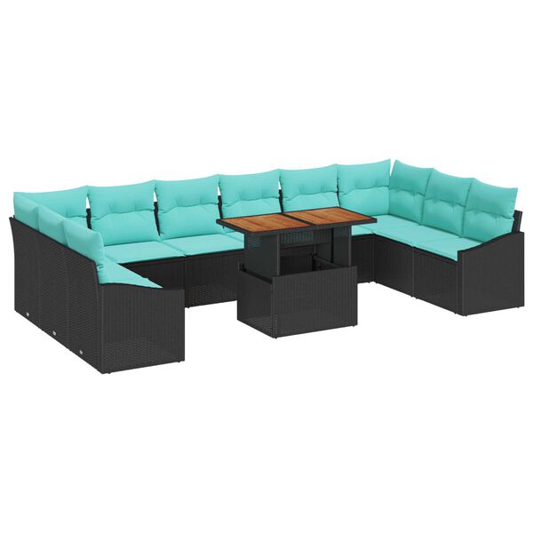 vidaXL 11 Piece Garden Sofa Set with Cushions Black Poly Rattan Acacia