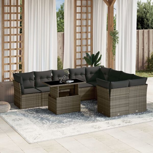 vidaXL 10 Piece Garden Sofa Set with Cushions Grey Poly Rattan