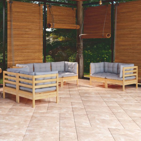 vidaXL 7 Piece Garden Lounge Set with Grey Cushions Solid Pinewood