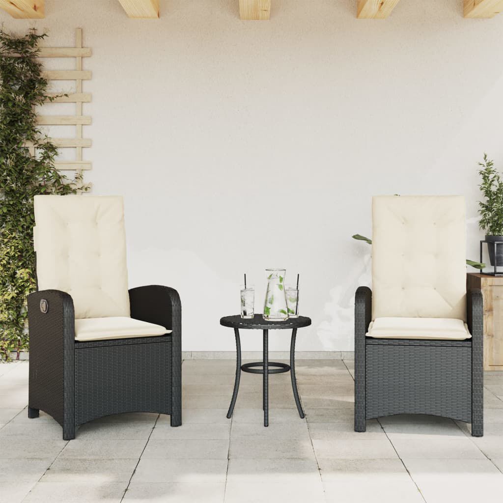vidaXL 3 Piece Bistro Set with Cushions Black Poly Rattan