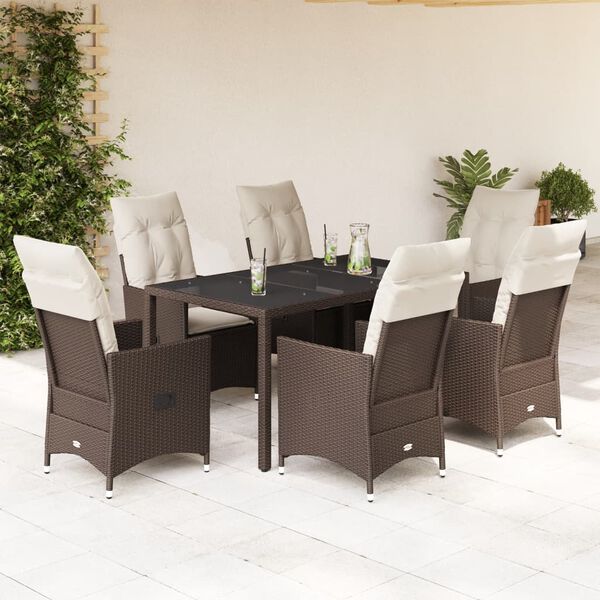 vidaXL 7 Piece Garden Dining Set with Cushions Brown Poly Rattan
