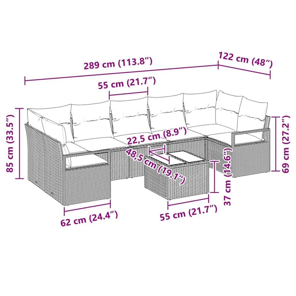 vidaXL Garden Sofa Set 8 pcs Brown, Red 55 x 55 x 37 cm Poly Rattan