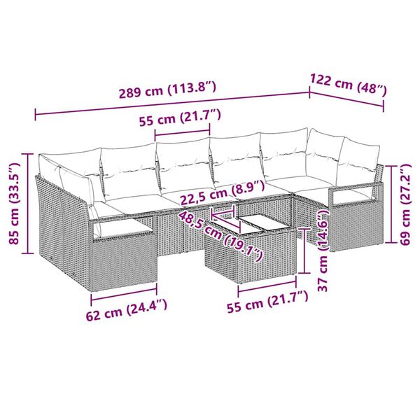 vidaXL Garden Sofa Set 8 pcs Brown, Red 55 x 55 x 37 cm Poly Rattan